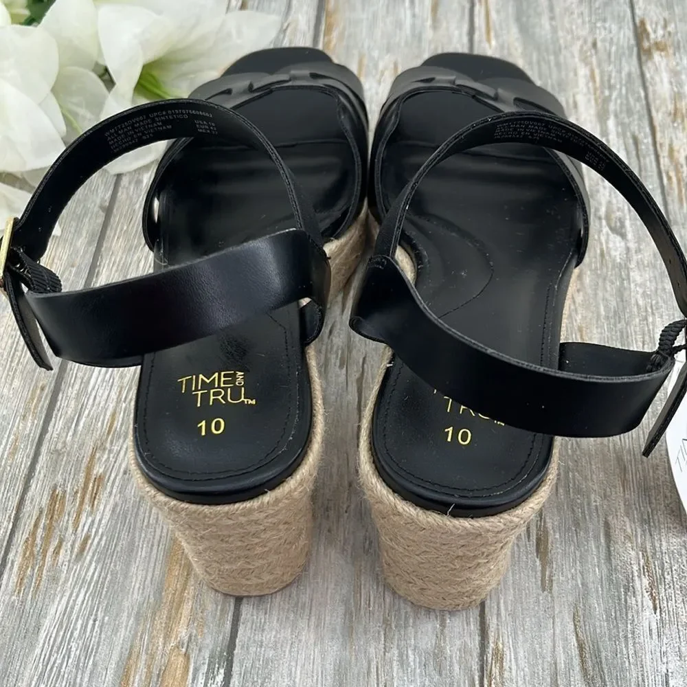 Women's Black Espadrille Wedge Sandals Shoes Size 10